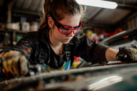 A young woman, wearing safety goggles and gloves, confidently using a power tool to repair a car in a garage.の素材
