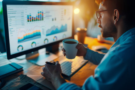 An office worker studies analytics and performance graphs on a computer, coffee in hand, showing dedication and analytical prowess.の素材