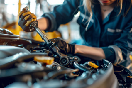 A realistic photo of a mechanic woman using a torque wrench to tighten bolts on a car's engine, ensuring proper assembly.の素材