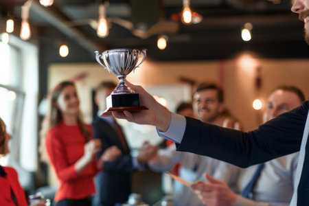 An employee receives an award or recognition in front of colleagues, highlighted acknowledgment and celebration in the workplace.の素材