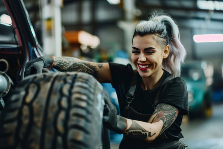 Sexy mechanic woman changes tire on car, her confident smile adding allure to the task, embodying empowerment and expertise.の素材