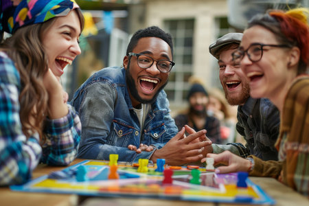 A group of friends laughs and shares surprises during a live board game night, capturing the joy of shared activities.の素材