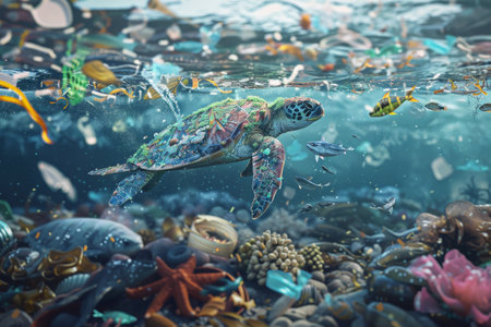 A visualization of plastic pollution in the ocean, featuring marine life entangled in debris, emphasizing the need for waste reduction.の素材