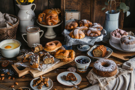 A rustic table setting features a variety of gluten-free baked goods, appealing to those with dietary restrictions while maintaining a cozy, homemade aesthetic.の素材