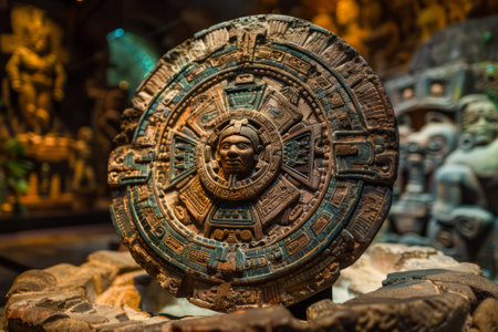 Mayan relics displaying intricate carvings and symbolic iconography.の素材