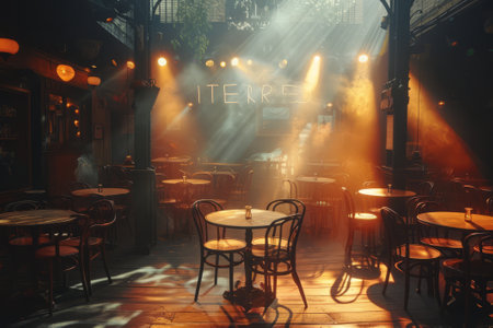 Hazy light filters onto an empty cabaret stage with vacant tables and chairs.の素材