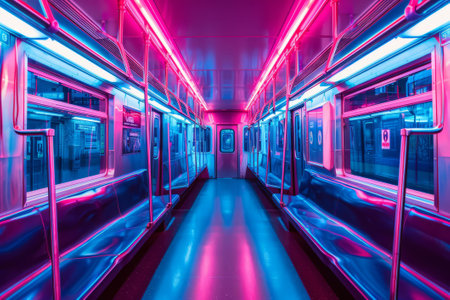 Vibrant pink and blue neon lights illuminate an empty subway train interior.の素材