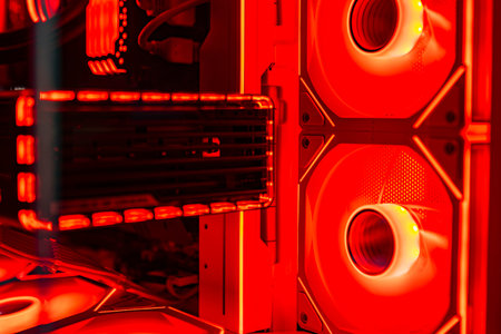 Internal components of an illuminated high-end gaming PC, symbolizing cutting-edge technology.