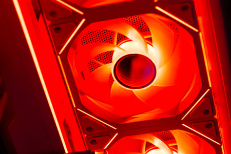 Internal components of an illuminated high-end gaming PC, symbolizing cutting-edge technology.の写真素材