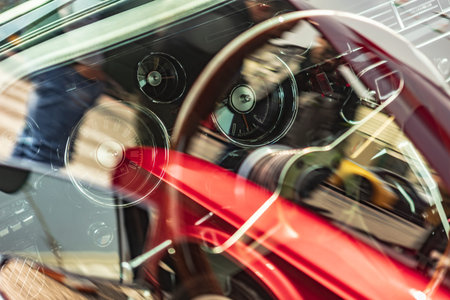 Close-up view of a vintage American car's interior, highlighting unique details and craftsmanship.