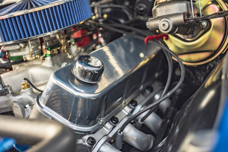 Pristine vintage American car engine exposed, showcasing classic engineering and automotive history.の写真素材