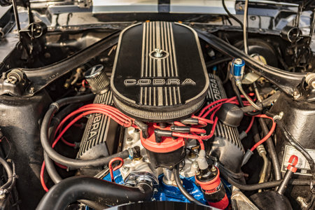 Vicenza, Italy 19 March 2024: Precision and power detailed in the engine of a Ford Mustang Cobra, a...