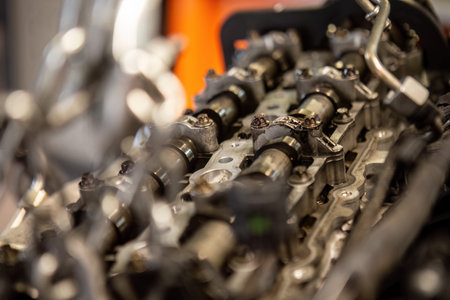 Close-up of a car's disassembled engine showing camshaft detail during workshop repair.