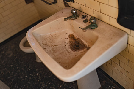 Close-up of a dirty, stained sink in an abandoned bathroom with yellow tile walls.の写真素材