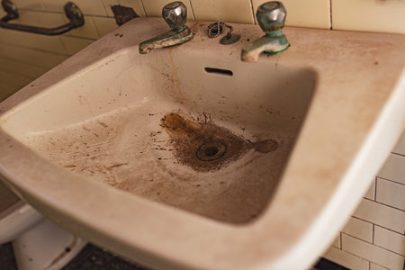 Close-up of a dirty, stained sink in an abandoned bathroom with yellow tile walls.の写真素材
