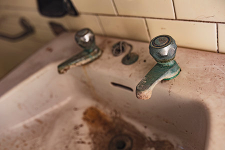 Close-up of a dirty, stained sink in an abandoned bathroom with yellow tile walls.の写真素材