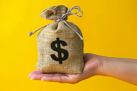 A hand holding a small burlap sack with a dollar sign on a vibrant yellow background.の素材