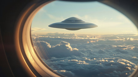A UFO seen through the window of a commercial airplane, flying above the clouds.の素材