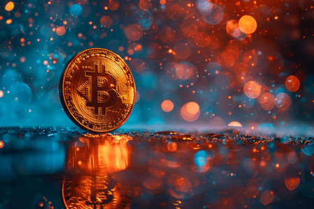 A single gold Bitcoin coin stands upright on a reflective surface with glowing bokeh lights in the background.の素材