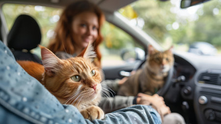 A couple enjoys a cozy car ride with their fluffy cat, creating a warm and peaceful moment together.の素材