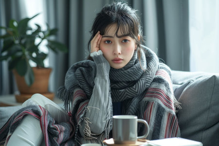 A sick Asian woman sitting on a gray sofa, covered with a blanket, looking distressed.の素材