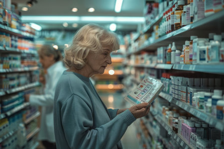 Elderly woman examining product packaging in a pharmacy aisle.の素材