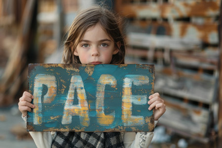 A child holding a peace sign with a distressed look, symbolizing the desire for peace and end to conflict.の素材
