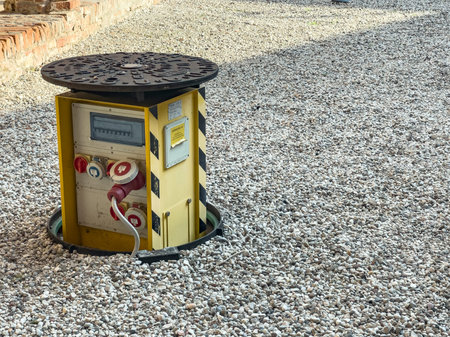 Milan, Italy 29 July 2024: Close-up of an underground power supply unit with cables and sockets on a...
