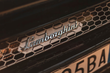 Adria, Italy 30 July 2024: A close-up shot of the Lamborghini logo on a grille, highlighting the iconic brand's elegance and power.のeditorial素材