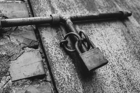 A closeup of a rusty padlock on a metal bar, highlighting textures of decay and aged materials in black and white.の写真素材