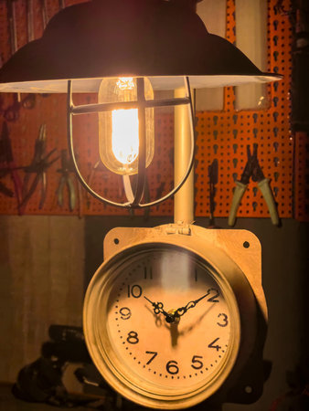 Vintage clock and industrial lamp hanging in a workshop, creating a nostalgic atmosphere