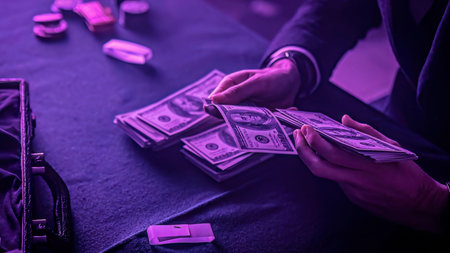 Croupier is counting us dollar bills on poker table in casino