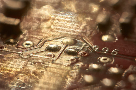 Close-up of a circuit board bathed in golden light, highlighting the intricate details of its electronic componentsの写真素材