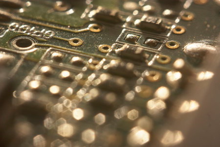 Close-up of an electronic circuit board highlighting intricate connections and technological...
