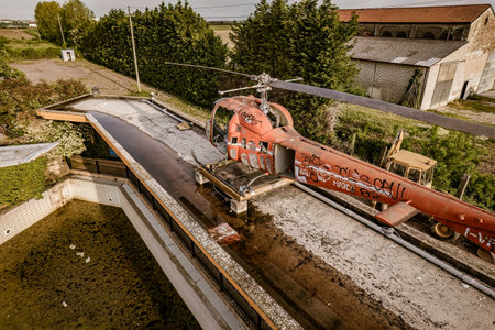 Old, graffiti-covered, abandoned helicopter sits atop a rooftop next to a stagnant swimming pool, showcasing urban decay and neglectの写真素材