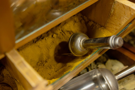 Close-up of a metal scoop resting on vibrant yellow turmeric powder inside a traditional wooden...