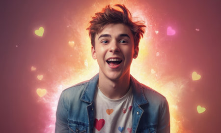 Portrait of a cheerful teenager expressing joy and love, surrounded by colorful hearts and a vibrant backgroundの素材