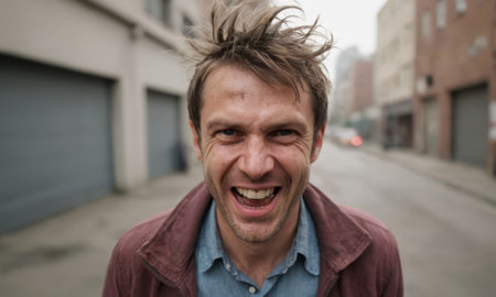 Cheerful man with messy hair laughing heartily in a bustling city street, radiating joy and carefree energy in a candid momentの素材