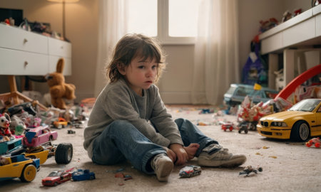 Bored child sitting on the floor of a messy playroom touching shoes, surrounded by toys and plushiesの素材