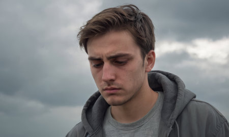 Sad student feeling depressed under a cloudy sky, experiencing loneliness and emotional stressの素材