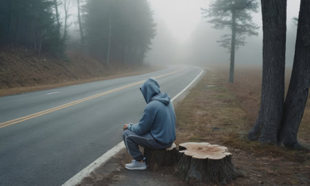 Man resting on tree stump by a foggy road, taking a break from his journey in a mysterious and evocative atmosphereの素材