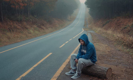 Pensive man sitting on a log beside an empty asphalt road, surrounded by a misty autumn forest, lost in thought and contemplationの素材