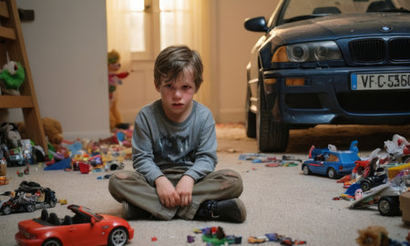 Sad child sitting on the floor in his messy room with a real car parked inside, a concept of bad parenting and child neglectの素材