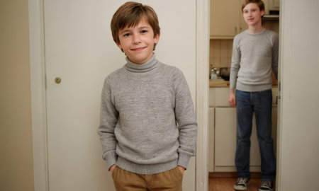 Boy wearing turtleneck sweater and khakis stands smiling with hands in pockets while his older brother watches from the kitchen doorwayの素材