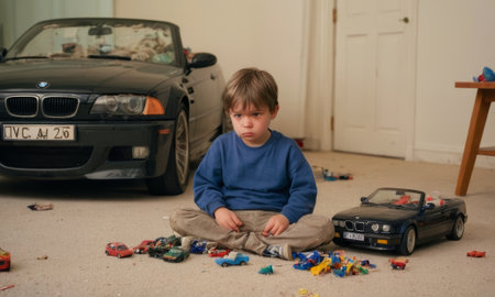 Sad child sitting on the floor playing with toy cars, with his real car visible in the backgroundの素材