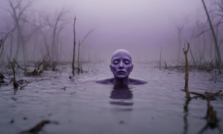 Mysterious purple woman with closed eyes emerging from dark swamp water in misty landscape with dead treesの素材