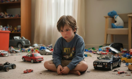 Sad child sitting on the floor in his messy room full of toys, feeling lonely and abandonedの素材