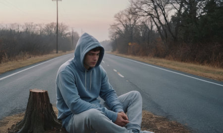 Sad teenager sitting alone by a desolate road at dawn, feeling lost and engulfed in hopelessness, surrounded by a misty landscapeの素材
