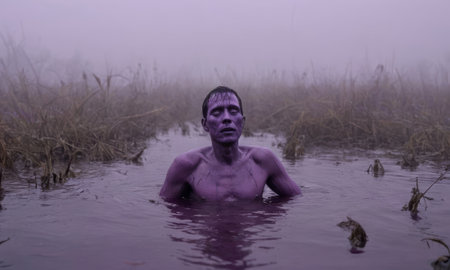 Surreal portrait of a man with purple skin emerging from a swamp on a foggy morning, creating a mysterious and evocative sceneの素材