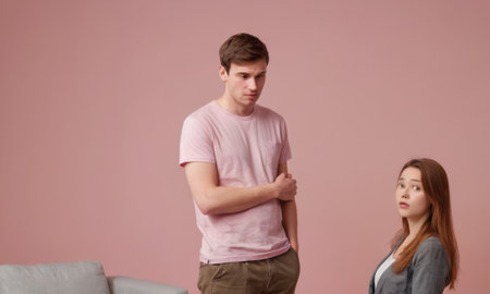 Man and woman looking away from each other after an argument, feeling awkward and upset, standing against a pink backgroundの素材
